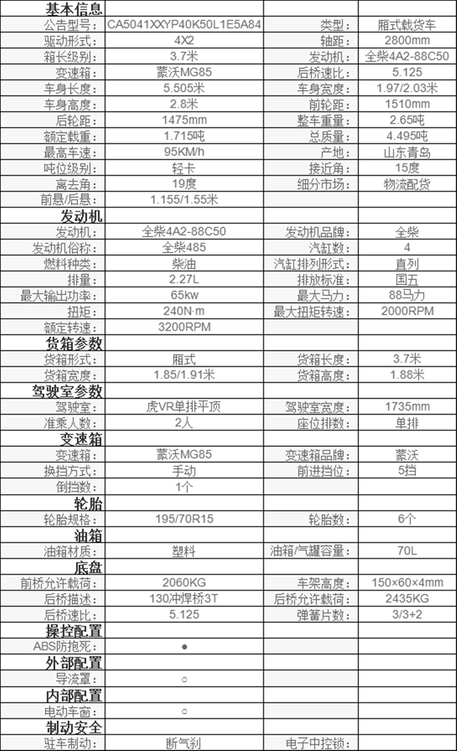 解放 虎VR 88马力 3.7米单排厢式轻卡配置表